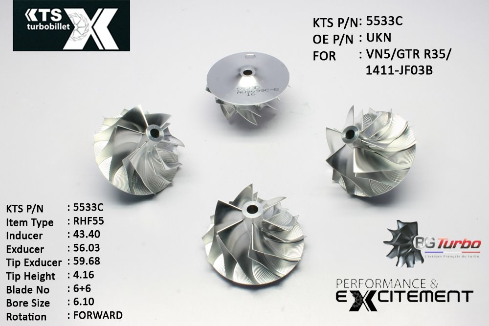 Turbo ROUE FORGÉE MFS PERFORMANCE - 6+6 PALES - INDUCER : 43,4 - EXDUCER : 56,03 - TYPE : RHF55ANGLE : 60° - ROTATION : Forward - SUPER BACK : 3,68 - BORE SIZE : 6,1
